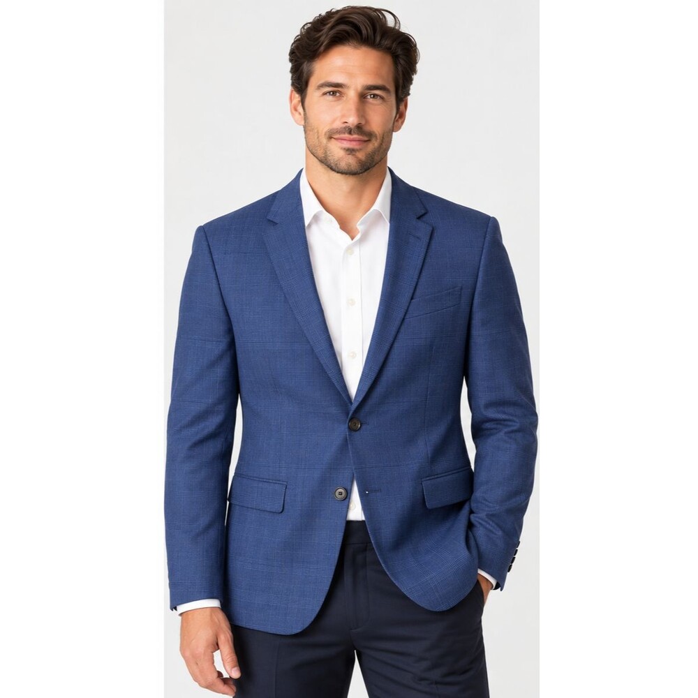 BOSS Reda Italian Fabric Slim Fit Blue Plaid Stretch Blazer Sport Coat 40R